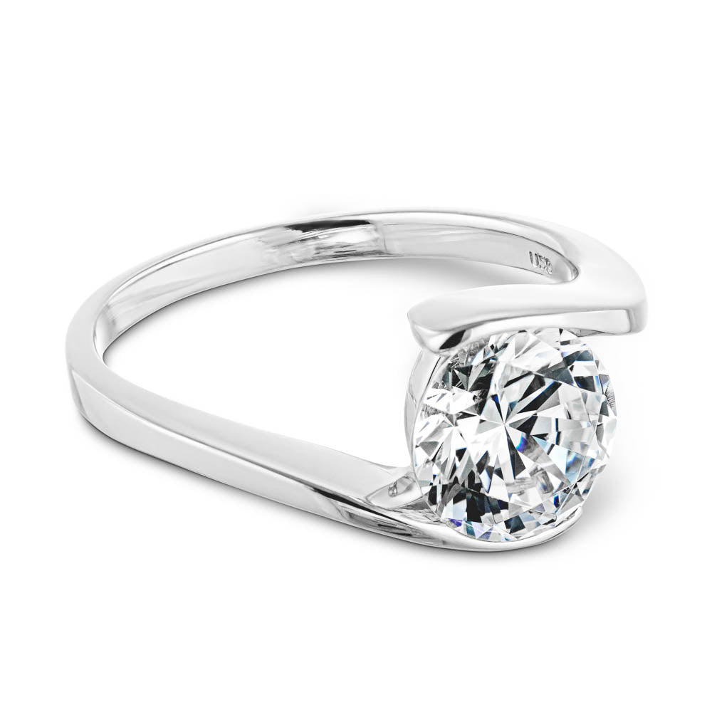 Shown with 2ct Round Cut Lab Grown Diamond in 14k White Gold|Modern minimalistic sleek engagement ring with a 2ct round cut lab grown diamond in a 14k white gold band that gives the illusion of a tension setting