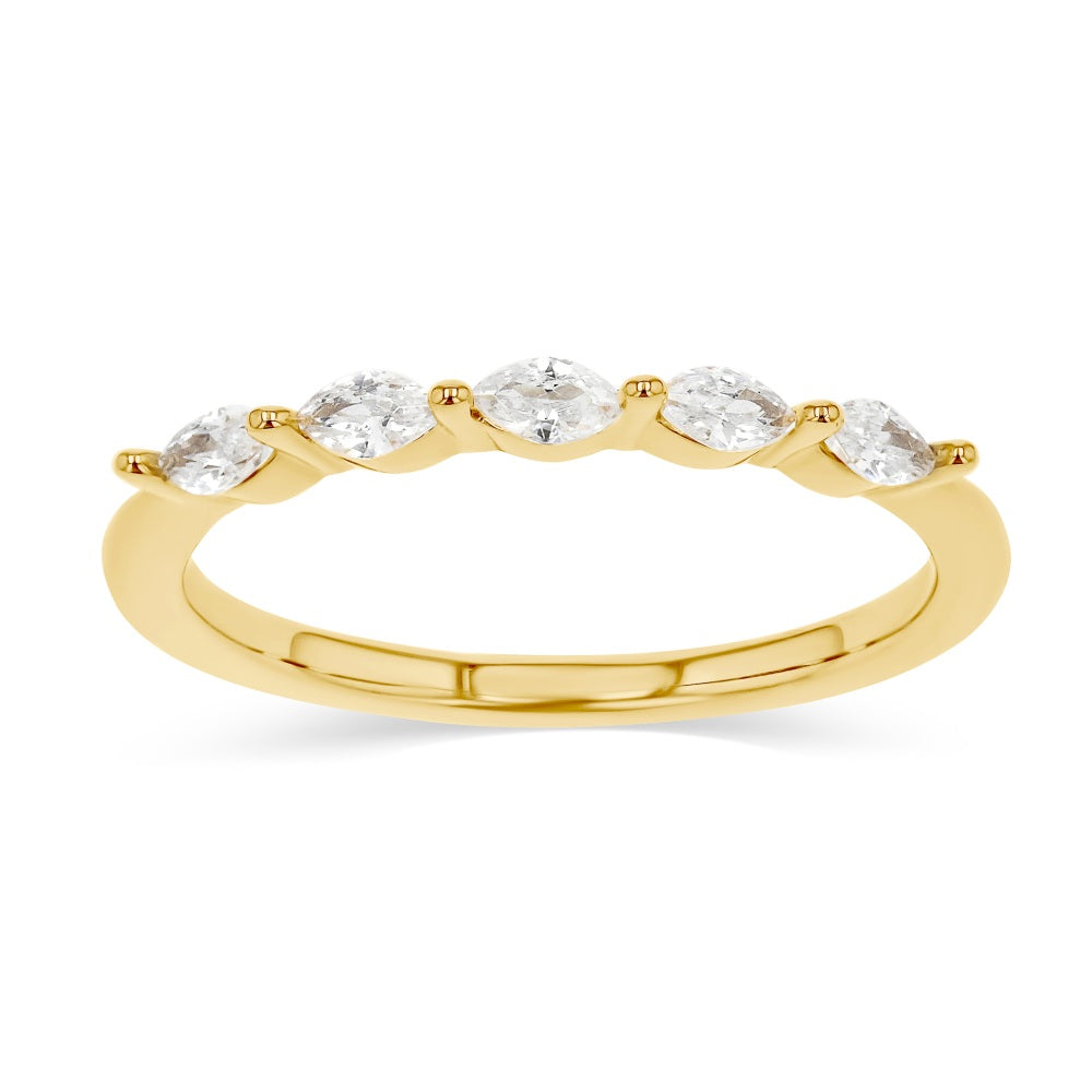 Shown in 14K Yellow Gold|marquise cut lab grown diamond accented wedding band set in 14k yellow gold recycled metal