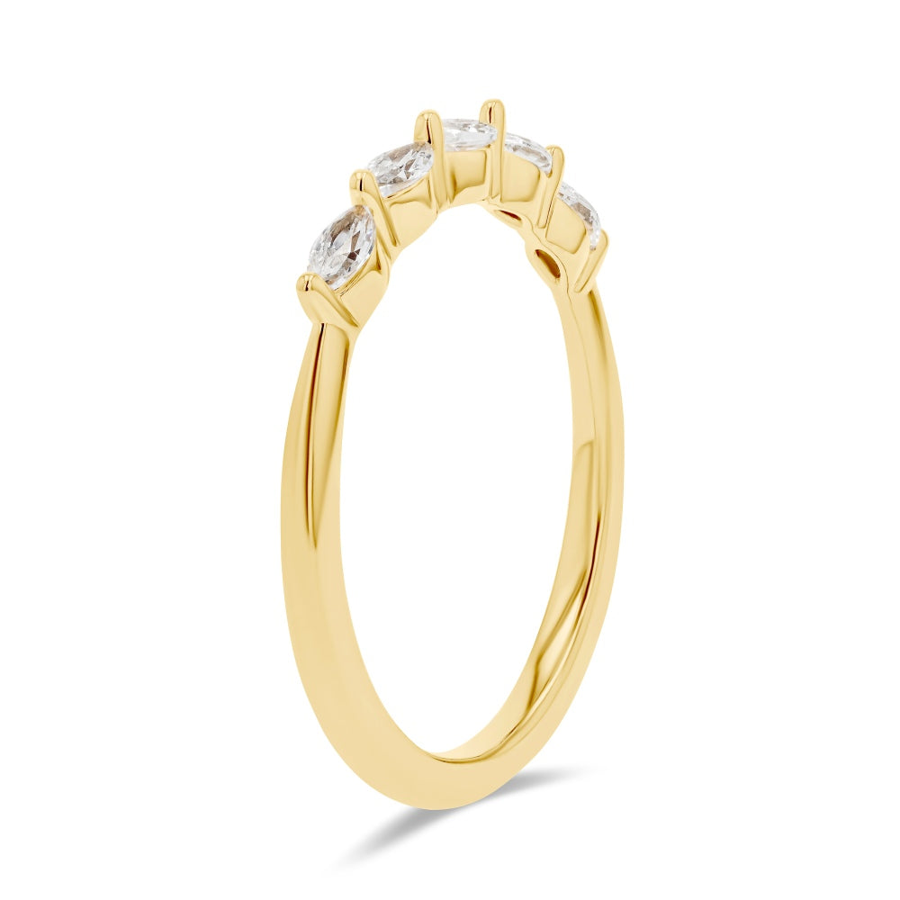 Shown in 14K Yellow Gold|marquise cut lab grown diamond accented wedding band set in 14k yellow gold recycled metal