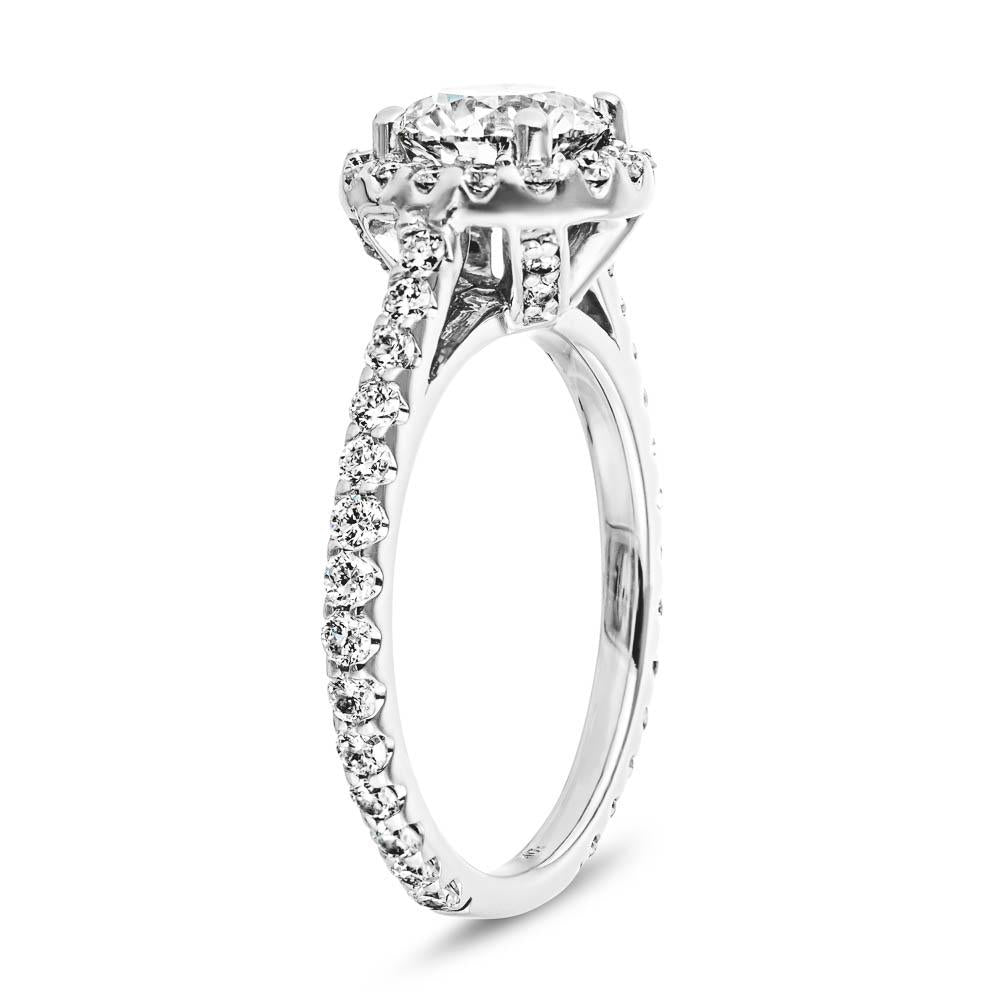 Shown with 1ct Round Cut Lab Grown Diamond in 14k White Gold|Elegant diamond accented halo engagement ring with 1ct round cut lab grown diamond in 14k white gold