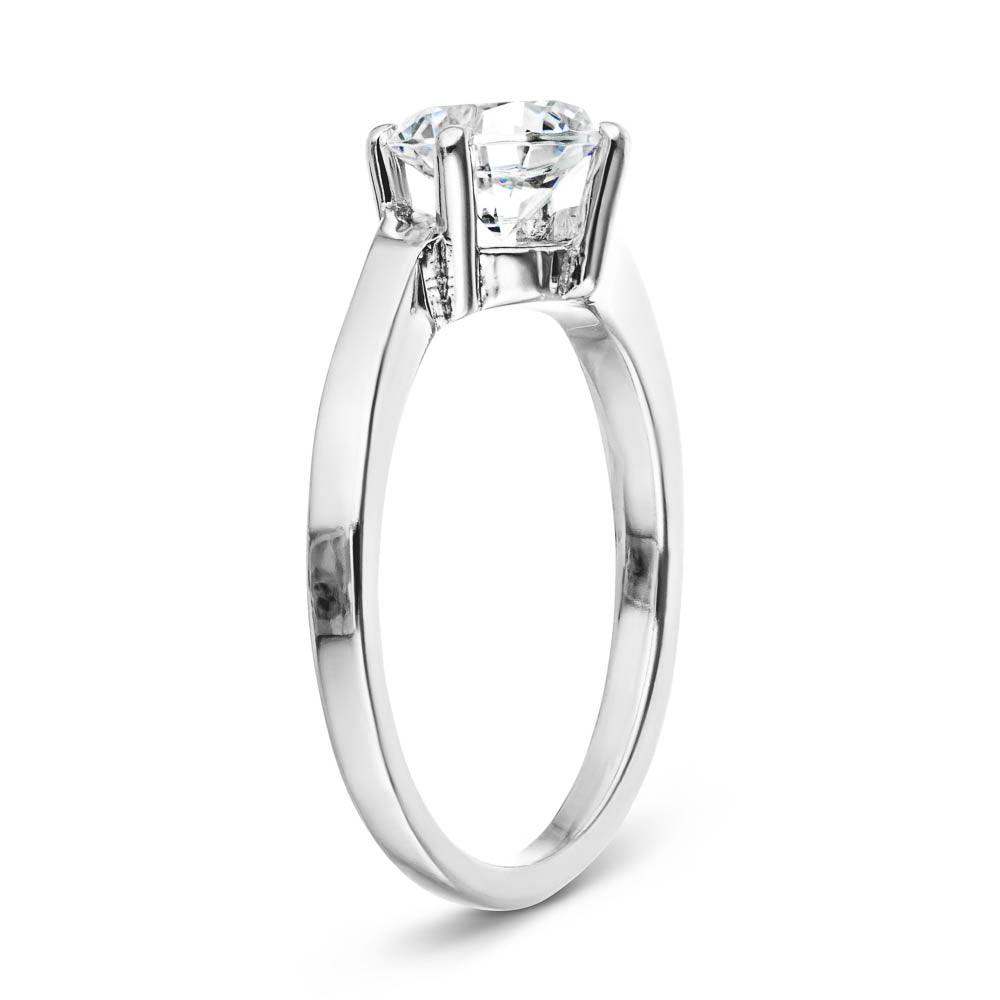 Shown with 1ct Round Cut Lab Grown Diamond in 14k White Gold|Modern simple minimalistic solitaire engagement ring with 1ct round cut lab grown diamond in 14k white gold