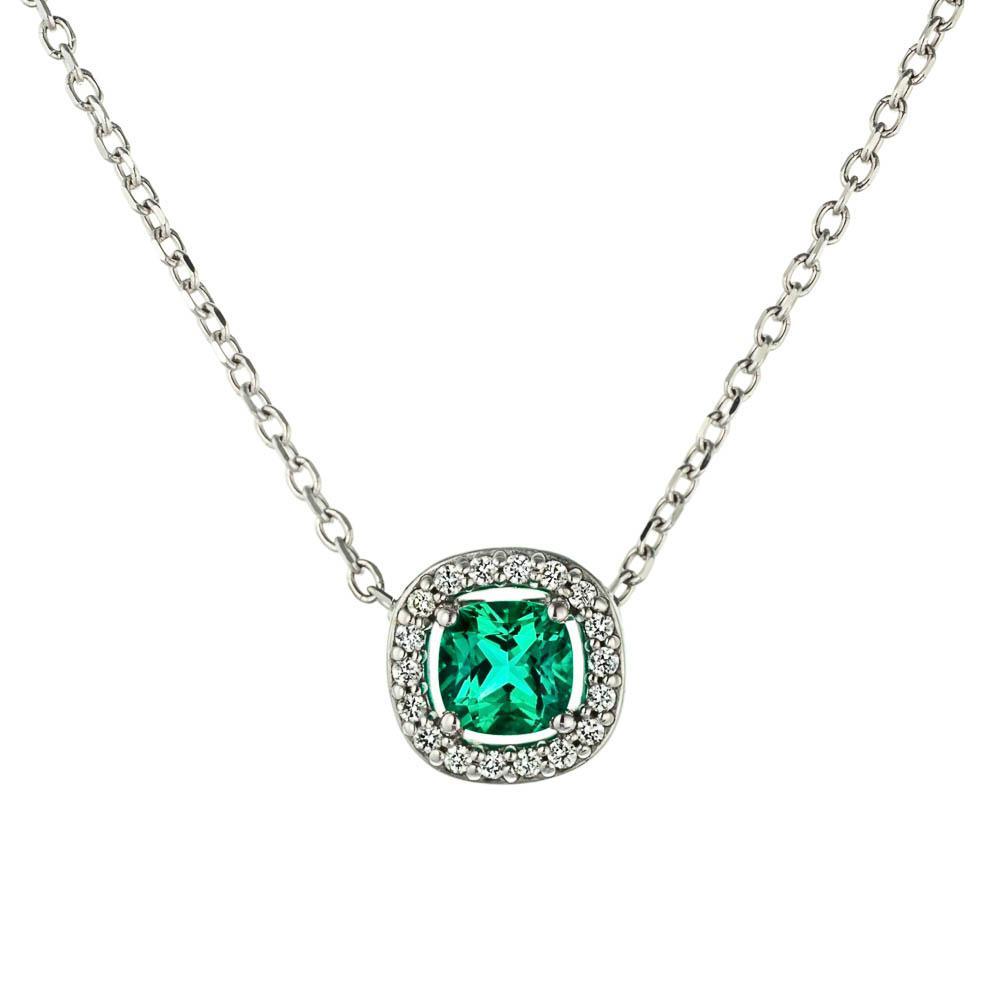 Diamond Halo Pendant shown with a 0.30ct Cushion cut Lab Created Emerald in 14K white gold |0.30ct Cushion cut Lab Created Emerald in 14KW