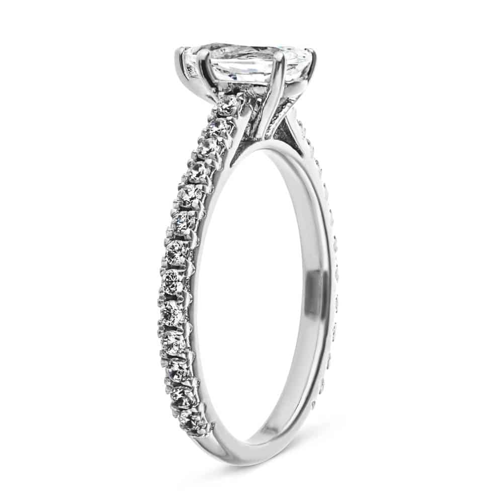 Shown with 1ct Pear Cut Lab Grown Diamond in 14k White Gold|Conflict-free diamond accented tear drop engagement ring with 1ct lab grown diamond in 14k white gold