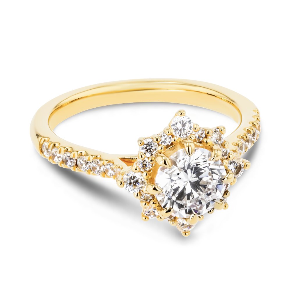 Shown here with a 1.0ct Round Cut Lab Grown Diamond center stone in 14K Yellow Gold|diamond accented halo engagement ring with round cut lab grown diamond center stone set in 14k yellow gold recycled metal