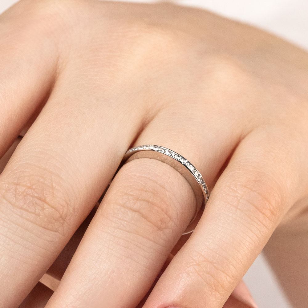 Drew Wedding Band with channel set recycled diamonds in recycled 14K white gold 