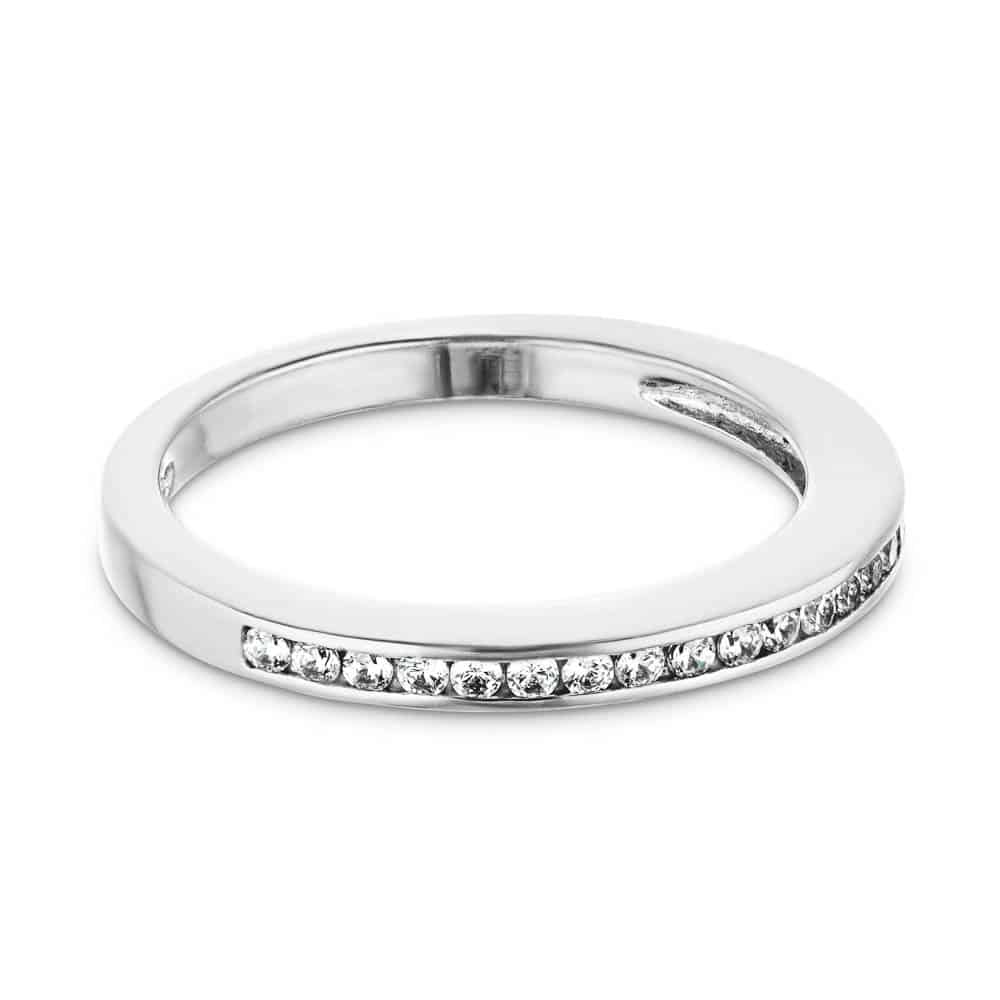 Drew Wedding Band with channel set recycled diamonds in recycled 14K white gold 