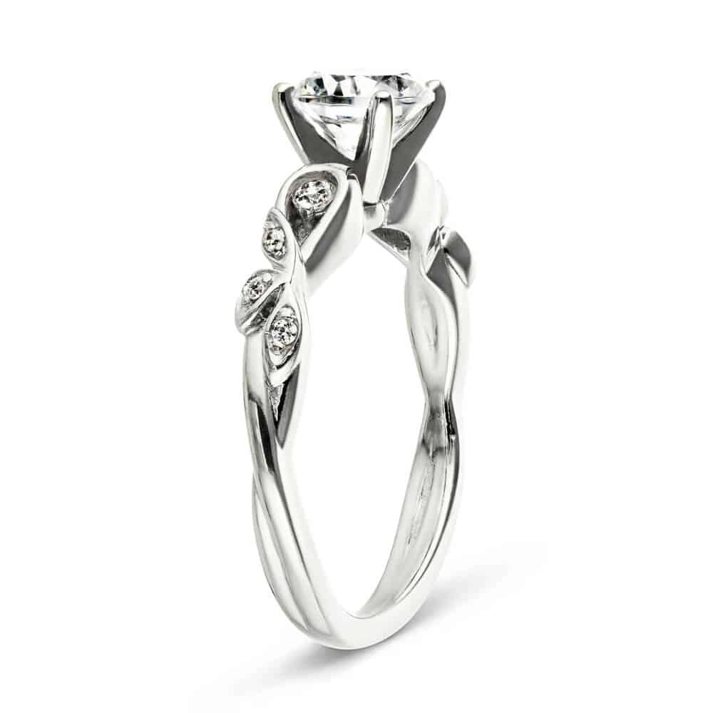 Shown with 1ct Round Cut Lab Grown Diamond in 14k White Gold|Nature inspired engagement ring with diamond accenting and a 1ct round cut lab grown diamond in 14k white gold