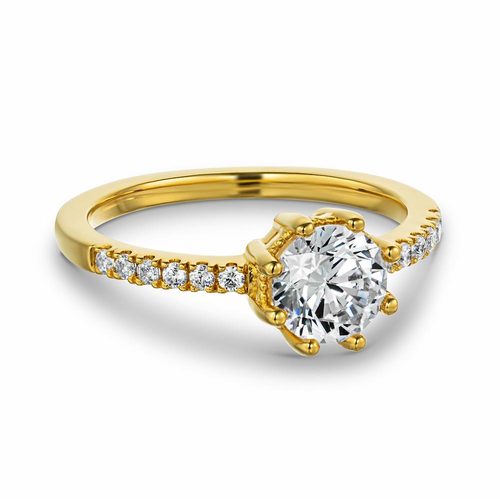 Shown with 1ct Round cut Lab Grown Diamond in 14k Yellow Gold|Vintage style diamond accented filigree engagement ring with 1ct round cut lab grown diamond in an 8 prong crown head in 14k yellow gold
