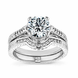Antique style diamond accented filgree detailed wedding ring set in 14k white gold