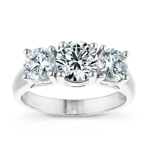 Ethical three stone engagement ring with round cut lab grown diamonds in 14k white gold