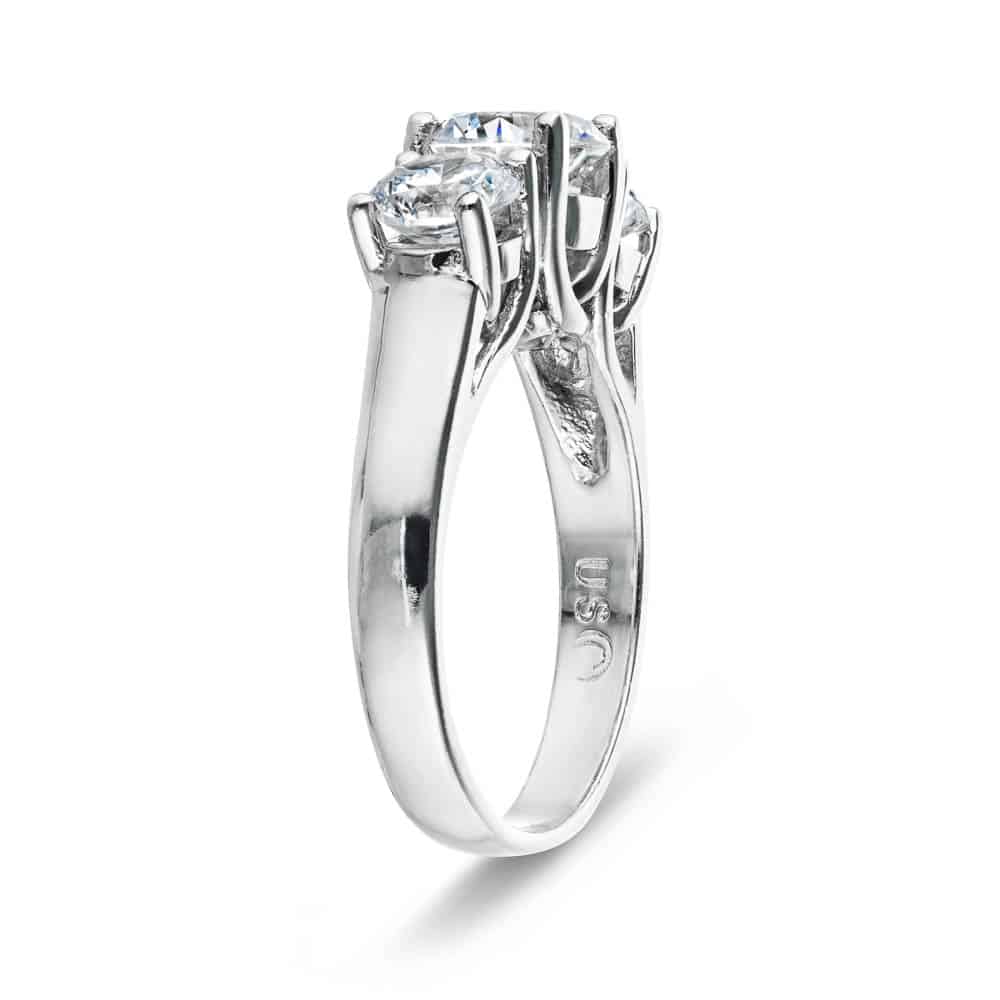 Shown with Three Round Cut Lab Grown Diamonds in 14k White Gold|Elegant three stone engagement ring with round cut lab grown diamonds in 14k white gold