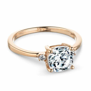 Ethical engagement ring with 1ct cushion cut lab grown diamond with two diamond side stones in 14k rose gold