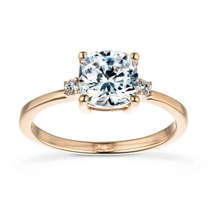 Elegant engagement ring with 1ct cushion cut lab grown diamond with two diamond side stones in 14k rose gold