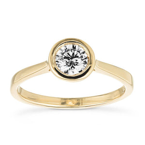 Contemporary sleek bezel engagement ring with 1ct round cut lab created diamond in 14k yellow gold