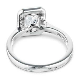 Modern engagement ring with 1ct radiant cut bezel set lab grown diamond in 14k white gold shown from back
