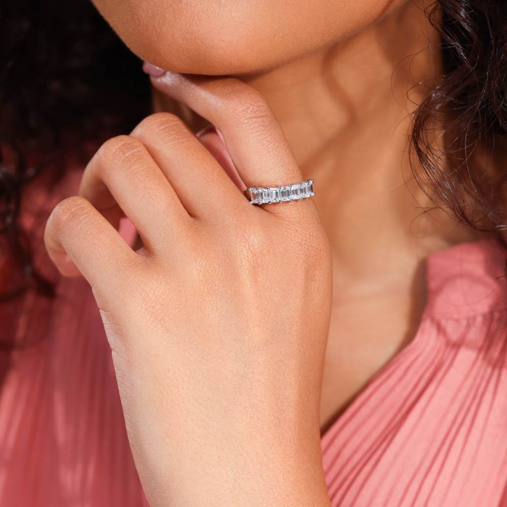 Shown in 14K White Gold|emerald cut lab grown diamond band in 14k white gold recycled metal