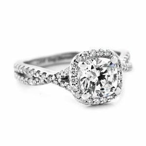 Diamond halo engagement ring with crossover split shank band set with 1ct cushion cut lab grown diamond in 14k white gold
