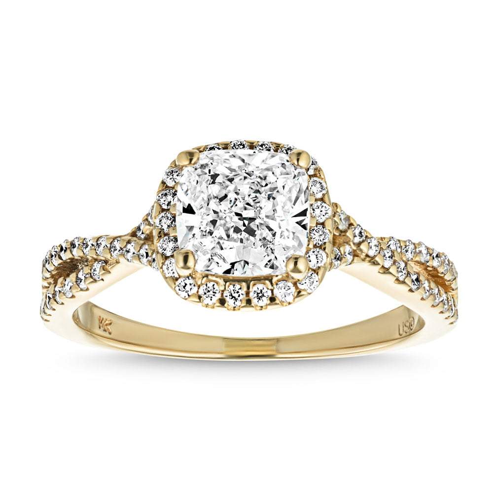 Shown with 1ct Cushion Cut Lab Grown Diamond in 14k Yellow Gold