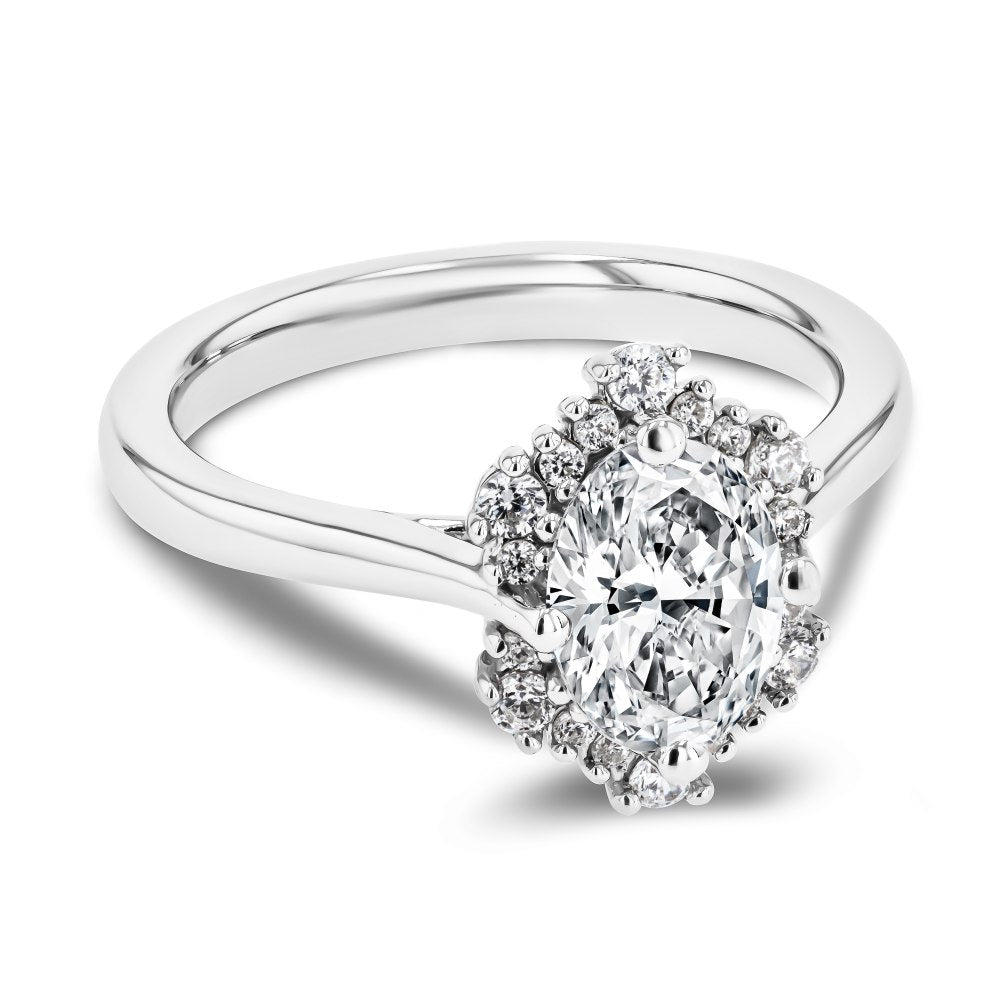 Shown here with a 1.0ct Oval Cut Lab Grown Diamond center stone in 14K White Gold