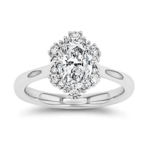 halo engagement ring with a carat oval cut lab grown diamond center stone set in 14k white gold metal