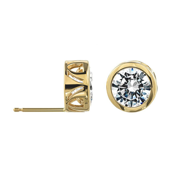 2.0ct Lab-Grown Diamond Filigree Bezel Stud Earrings in 14K yellow gold | filigree bezel stud lgd round cut gold