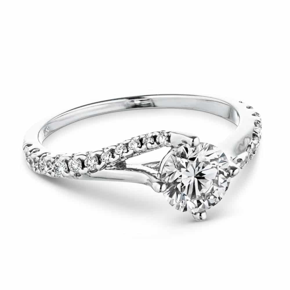 Shown with 1ct Round Cut Lab Grown Diamond in 14k White Gold|Modern engagement ring with twisted diamond accented band set with 1ct round cut lab grown diamond in 14k white gold