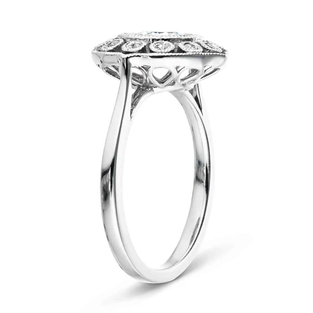 Shown with 1ct Round Cut Lab Grown Diamond in 14k White Gold|Antique style engagement ring with milgrain detail diamond halo set with 1ct round cut lab grown diamond in 14k white gold