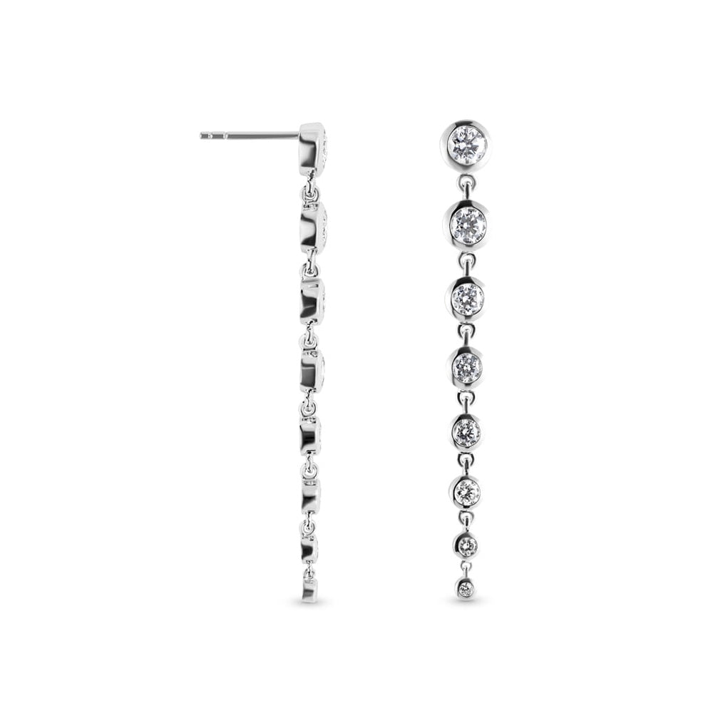 Shown in 14k White Gold|Beautiful graduated bezel drop earrings set with round lab grown diamonds in 14k white gold