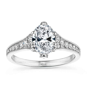 Beautiful vintage style diamond accented engagement ring with 6 prong set 1ct oval cut lab grown diamond in a milgrain detailed 14k white gold band