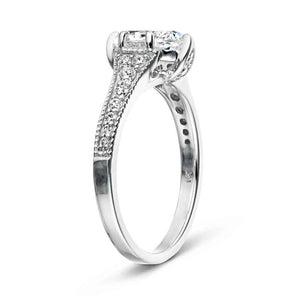  antique vintage engagement ring Shown with a 1.0ct Oval cut Lab-Grown Diamond with filigree detail and accenting diamonds on the band in recycled 14K white gold