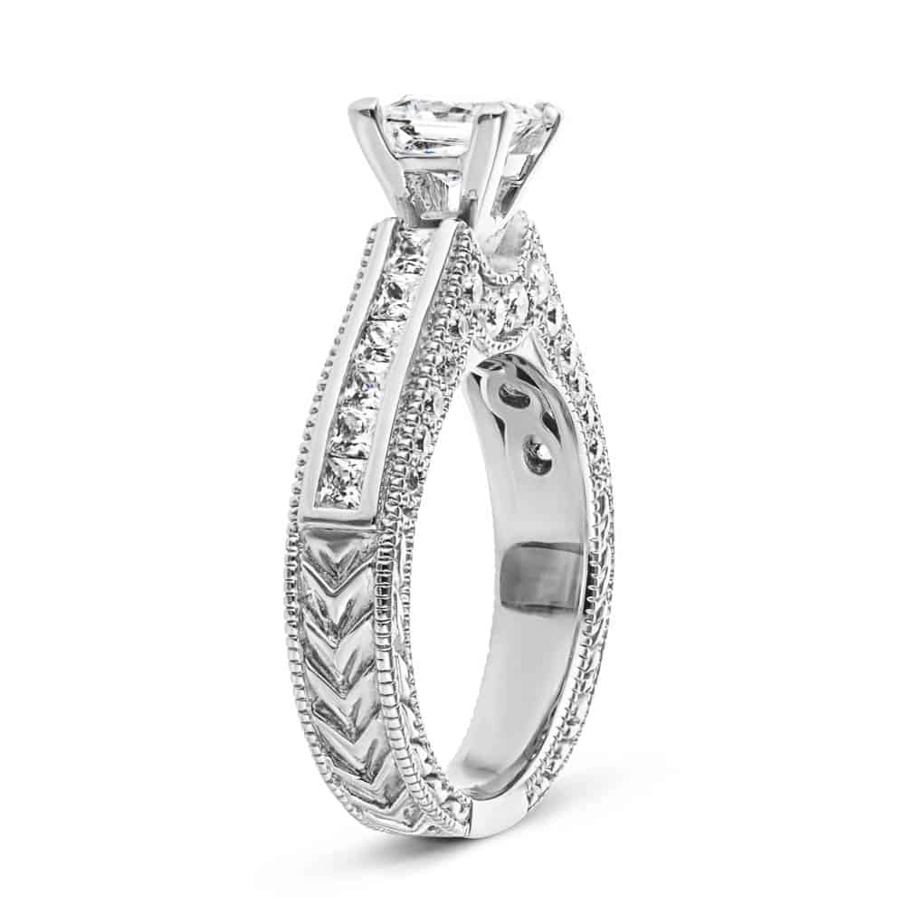 Shown with 1ct Princess Cut Lab Grown Diamond in 14k White Gold|Antique style engagement ring with 1ct princess cut lab grown diamond set in filigree detailed band with channel set accented diamonds in 14k white gold
