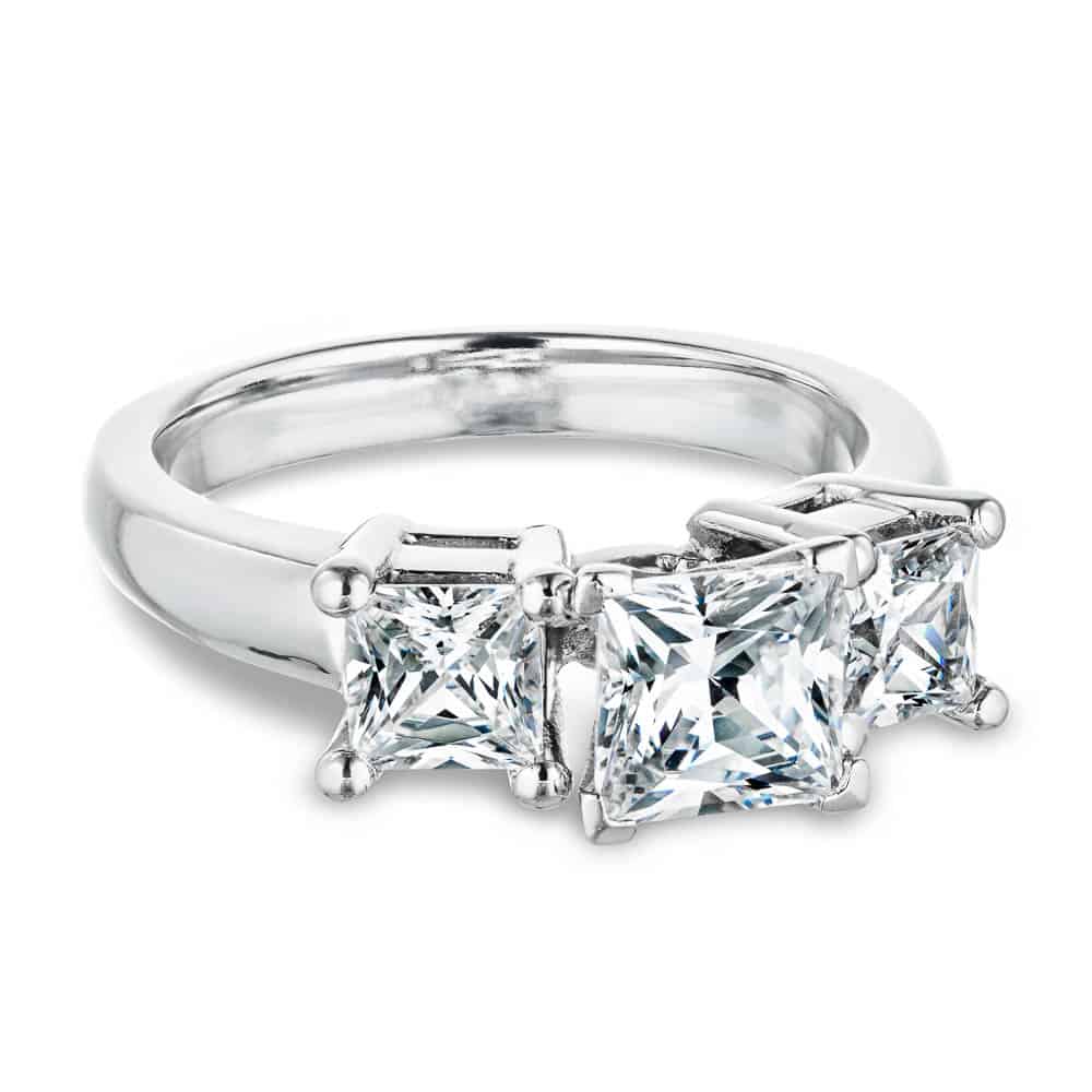 Shown with three Princess Cut Lab Grown Diamonds in 14k White Gold|Elegant three stone engagement ring with princess cut lab grown diamonds set in 14k white gold