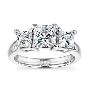 Beautiful three stone engagement ring with princess cut lab grown diamonds set in 14k white gold