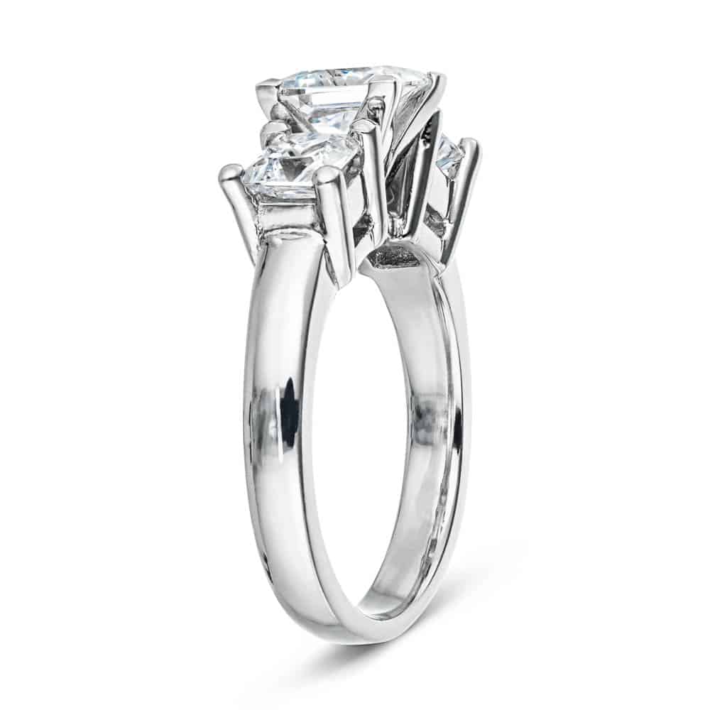 Shown with three Princess Cut Lab Grown Diamonds in 14k White Gold|Elegant three stone engagement ring with princess cut lab grown diamonds set in 14k white gold