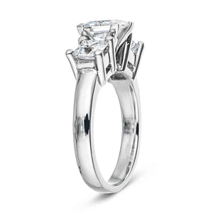 Three stone engagement ring with princess cut lab grown diamonds set in 14k white gold shown from side