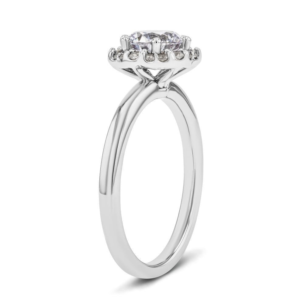 Shown here with a 1.0ct Round Cut Lab Grown Diamond center stone in 14K White Gold|diamond halo engagement ring with round cut lab grown diamond center stone set in 14k white gold metal