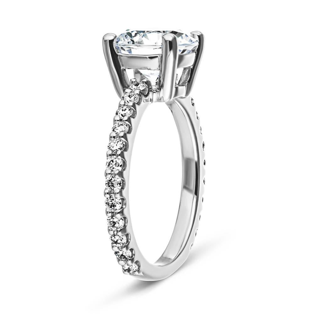 Shown with 1.5ct Round Cut Lab Grown Diamond in Platinum|Beautiful pave set diamond accented engagement ring with 1.5ct round cut lab grown diamond in platinum setting