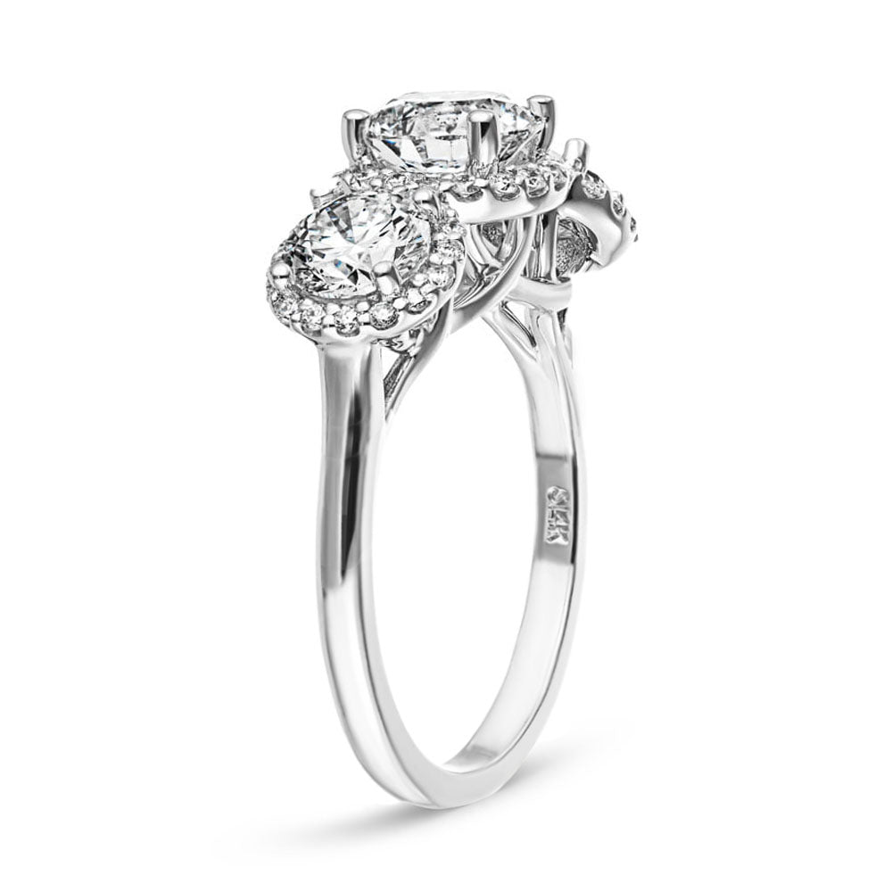 Shown with Three Round Cut Lab Grown Diamonds in 14k White Gold|Three stone diamond halo engagement ring with round cut lab grown diamonds in 14k white gold