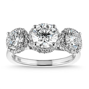 Beautiful three stone diamond halo engagement ring with round cut lab grown diamonds in 14k white gold