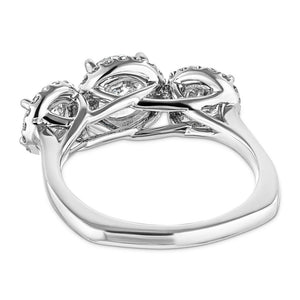 Three stone diamond halo engagement ring with round cut lab grown diamonds in 14k white gold shown from back