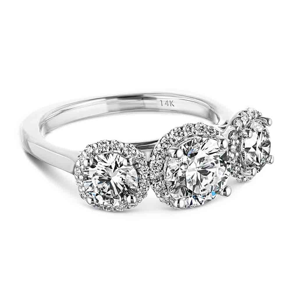 Shown with Three Round Cut Lab Grown Diamonds in 14k White Gold|Three stone diamond halo engagement ring with round cut lab grown diamonds in 14k white gold