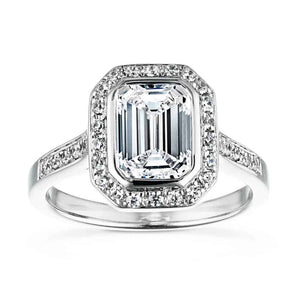 Antique style diamond accented halo engagement ring with 1ct emerald cut lab grown diamond in 14k white gold