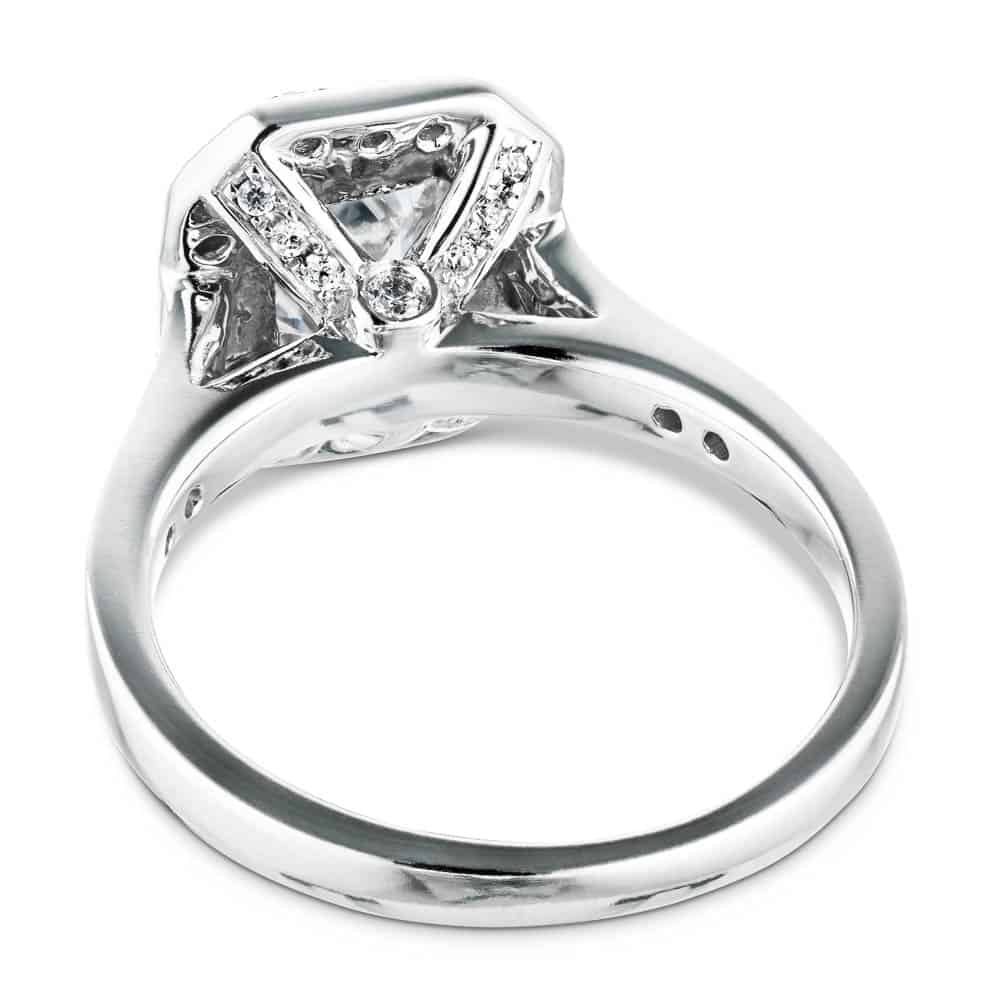 Shown with 1ct Emerald Cut Lab Grown Diamond in 14k White Gold|Antique style diamond accented halo engagement ring inspired by tiffany co legacy ring