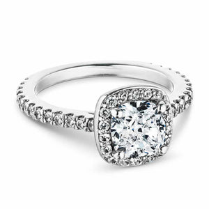 Conflict-free diamond accented halo engagement ring with 1ct cushion cut lab grown diamond in 14k white gold