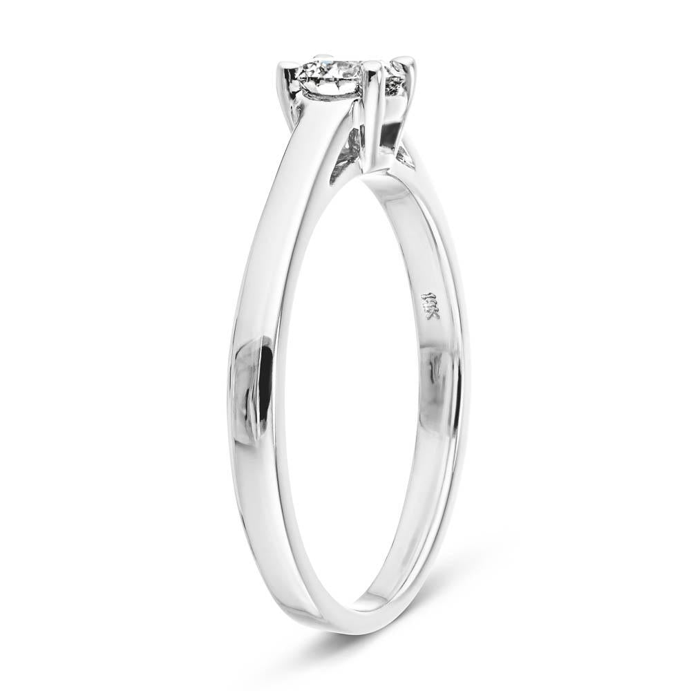 Shown with 0.6ct Round Cut Lab Grown Diamond in 14k White Gold|Simple solitaire engagement ring with 4 prong basket set round cut lab grown diamond in 14k white gold