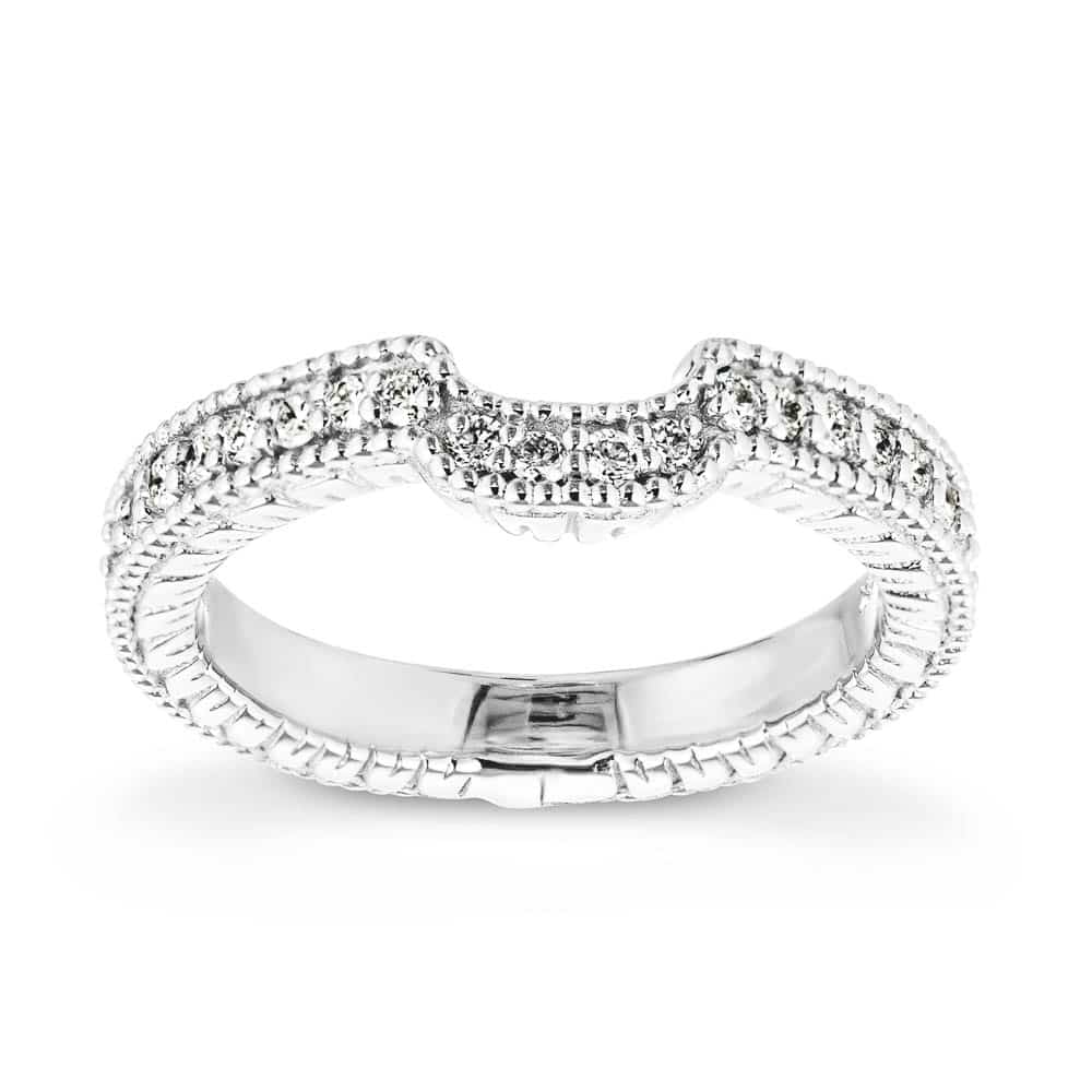 Curved diamond accented filigree detailed wedding band in recycled 14K white gold to match the Honey Engagement ring 