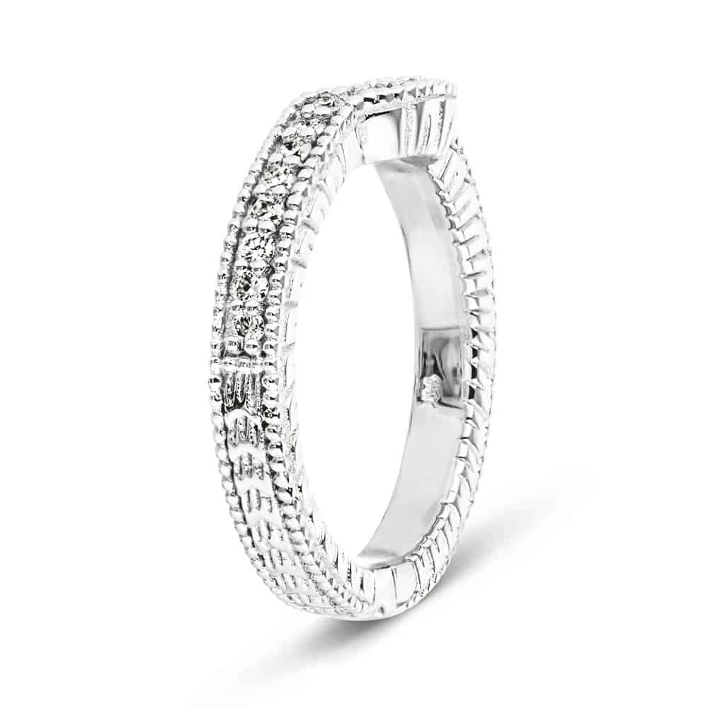 Curved diamond accented filigree detailed wedding band in recycled 14K white gold to match the Honey Engagement ring 