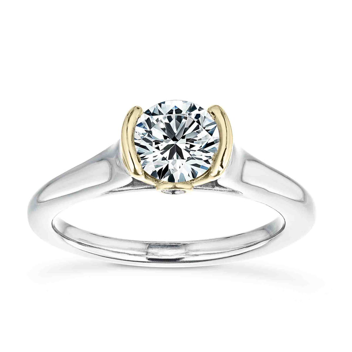 Shown with 1ct Round Cut Lab Grown Diamond in 14k White Gold and 14K Yellow Gold