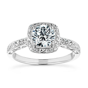 Beautiful vintage style cushion shaped halo engagement ring with 1ct round cut lab grown diamond in diamond accented filigree detailed 14k white gold band
