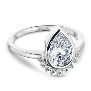 Vintage inspired modern style half halo engagement ring with bezel set 1ct pear cut lab grown diamond in 14k white gold